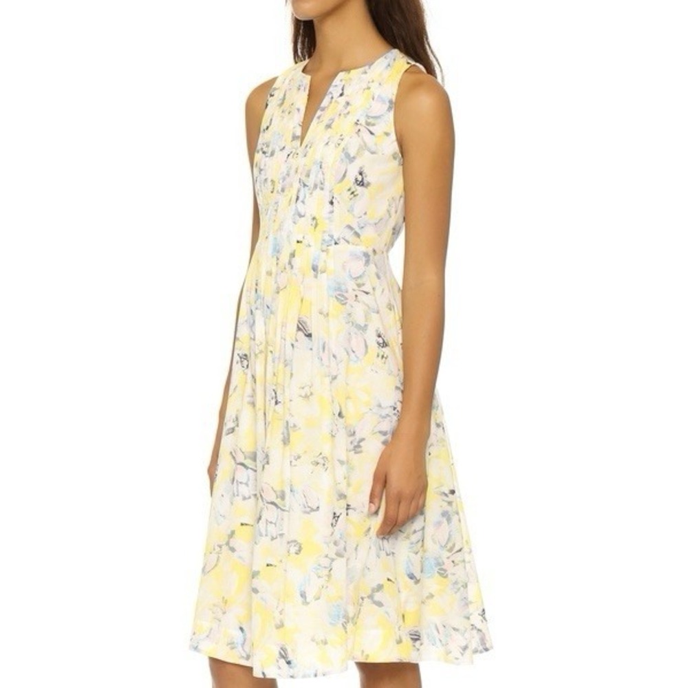 Rebecca Taylor Size 2 Yellow Floral Cotton Fit Flare Midi Dress Pleated Lined